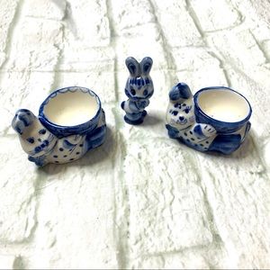 Vintage GZHEL Easter Bunny egg holders and figurine